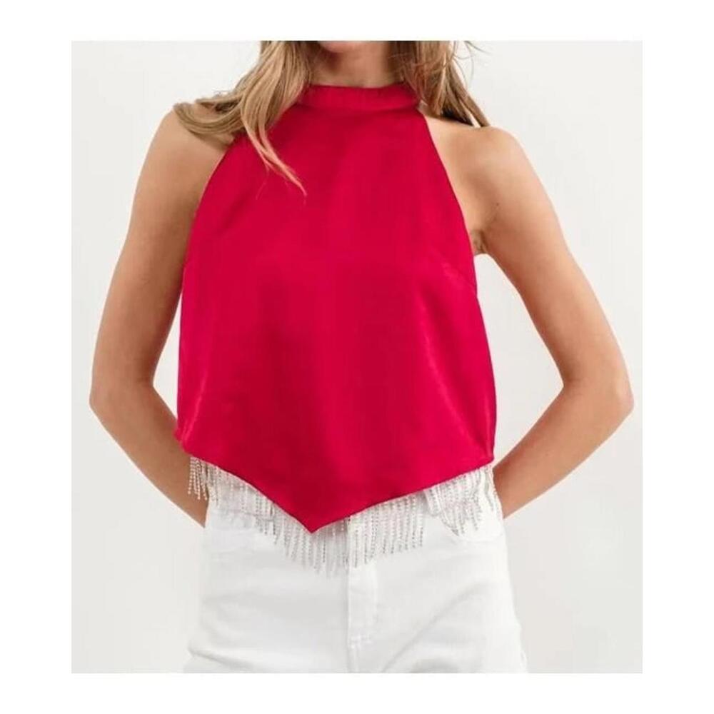 Blue B Collection Red Satin Halter Top with Fringe Large NWT